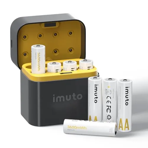 imuto Pilas Recargables AA 1,5 V 3600mWh Batería de Litio Alta Capacidad más de 1600 ciclos con Carga rápida Negra Cargador de Pantalla LED