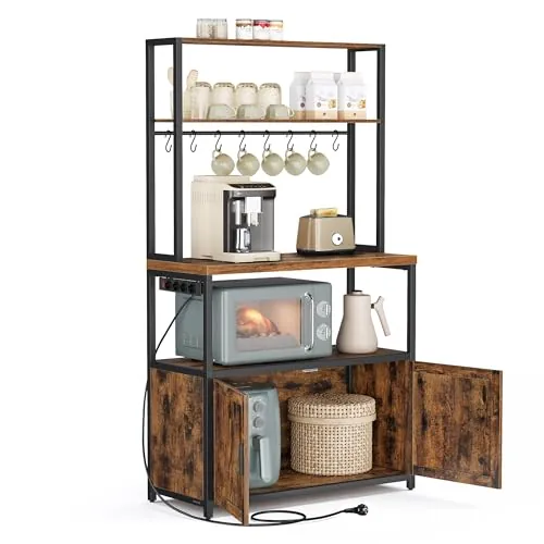 VASAGLE Estantería de Cocina con Enchufes, Altura de 90 cm, Estantería para Microondas con 8 Ganchos, 40 x 80 x 170 cm, Marrón Rústico y Negro Tinta KKS059KD02
