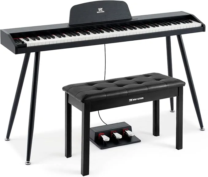 MUSTAR Piano Digital de 88 teclas con banco, teclado piano tamaño completo con 3 pedales, piano eléctrico portátil, piano digital para el hogar con MIDI-USB y soporte, negro
