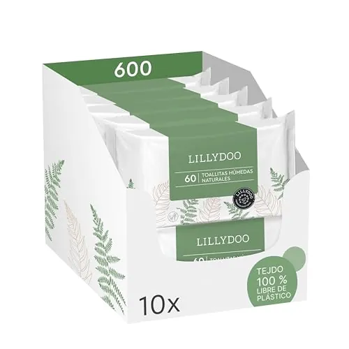 Toallitas húmedas naturales LILLYDOO green, 600 unidades (10x60), 100% sin plástico y resistentes – sin perfumes, limpieza delicada y suave para piel sensible, dermatológicamente testadas
