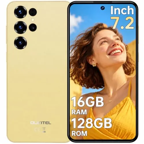 OUKITEL C68 Telefono Movil Libres 2026, 7.2" HD+ 120Hz Pantalla Android 15 Teléfono Inteligente, 16GB RAM+128GB ROM/TF 1TB Smartphone, Batería 6000mAh, Cámara 64MP+8MP, 4G Dual SIM/Face ID/OTG, Oro