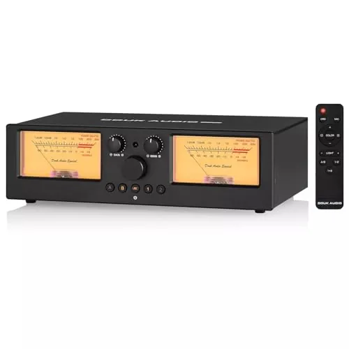 DoukAudio VU3PRO - Medidor VU analógico dual, interruptor de amplificador de 2 vías, selección de altavoces, amplificador de audio, 2 en 2 salidas con pastilla MIC y pantalla de panel DB