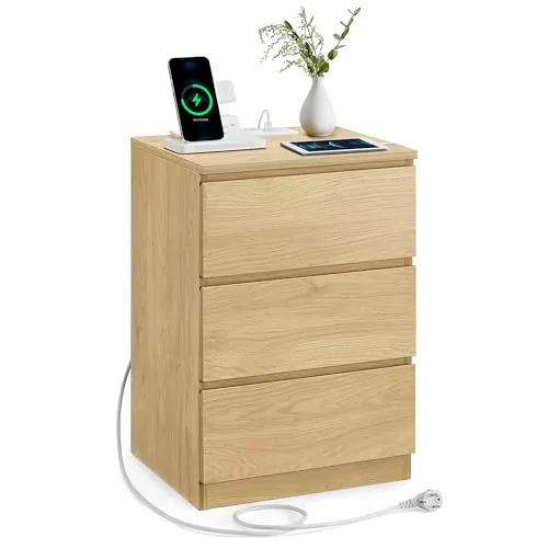 VASAGLE Kailyn Colección - Mesita de Noche con Estación de Carga, Mesa Auxiliar con 3 Cajones, 2 Tomas AC, 2 Puertos USB, Salón, Dormitorio, Estudio, Amarillo Paja LET631Y70V2