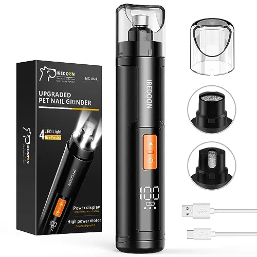 IREDOON Lima Uñas Perro Actualizado - Lima De Uñas Eléctrica De 3 Velocidades Perros con 4 Luces LED, Ultra Silencioso, Recargable Cortauñas De Mascotas para Perros Grandes, Medianos y Pequeños