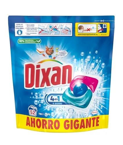 Dixan Total 4+1 Detergente en Cápsulas para Lavadora (52 lavados), jabón para ropa blanca y clara, limpieza, luminosidad y frescor en un detergente