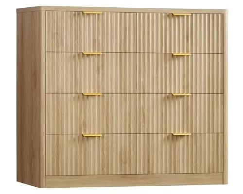 TEENFON Cómoda de 8 Cajones con Estrías Verticales y 120 cm de Ancho, Tiradores Metálicos, Utilizable como Mueble TV, Armario de Madera Maciza para Ropa, Salón y Recibidor, Madera Natural