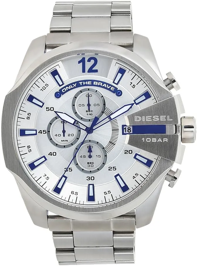 Diesel Reloj para hombre Mega Chief, movimiento cronógrafo de cuarzo, caja de acero inoxidable plateado de 59 mm con correa de acero inoxidable, DZ4308