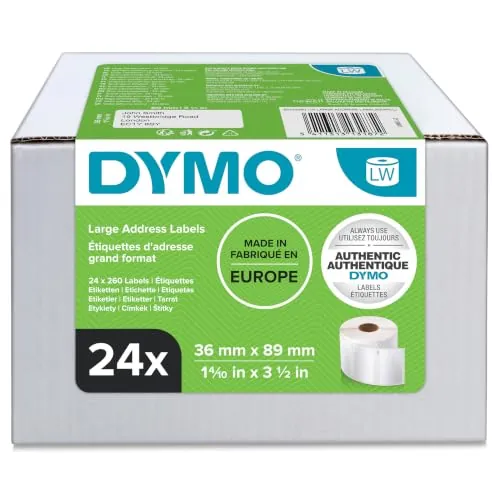 DYMO LabelWriter Etiquetas de dirección grandes, 36mm x 89mm, 24 x 260 | 6.240 etiquetas adhesivas blancas con impresión en negro, fácil despegue, para impresoras de etiquetas LabelWriter
