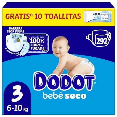Dodot Pañales Bebé-Seco, Talla 3 (6-10 kg), 292 Pañales + 1 Pack de 10 Toallitas Regalo de Aqua Plastic Free, Una Noche Hasta Un 100% Libre De Fugas, Pack Mensual