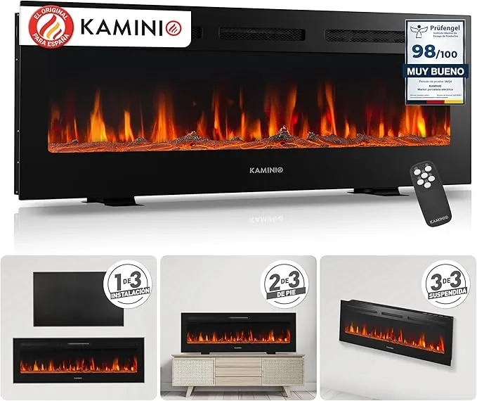 KAMINIO Eléctrica Chimenea Marlon - Chimenea eléctrica 3 en 1 con calefacción, Efecto de Llama 3D, 12 Colores de Llama, Control Remoto (50 Pulgada)