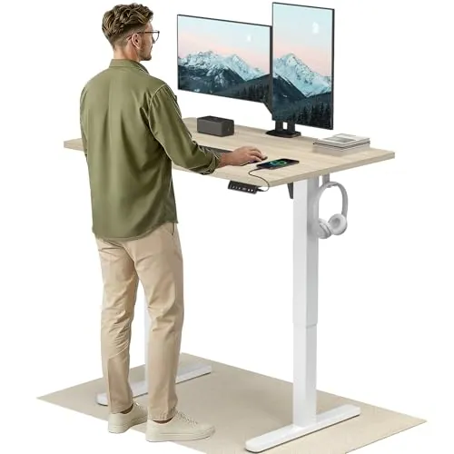 HUANUO Escritorio de Altura Regulable 120 x 80 cm con Puerto de Carga USB-C y USB-A, Altura Ajustable de 72 – 118 cm, 4 ajustes preestablecidos de Memoria, gestión de Cables y Ganchos