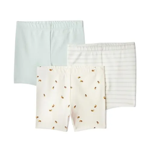 Amazon Essentials Bebé-Niñas Paquete de 3 pantalones cortos de ciclismo para bebés y niñas pequeñas, Paquete de 3, Verde Menta Pálido/Abejas/Rayas Francesas, 24 meses