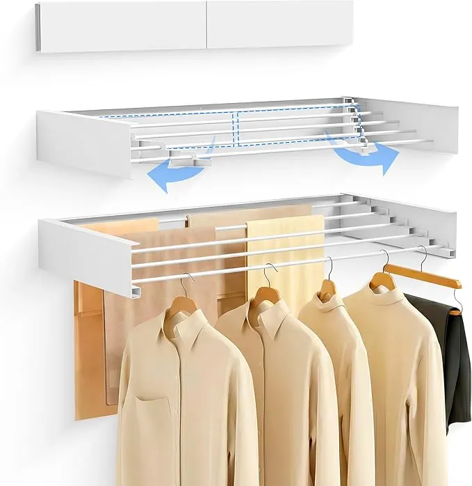JUPPLIES Tendedero Pared Plegable Retractil 120cm - Tendederos Plegables de Pared para Interior o Exterior - Ahorra de Espacio con Diseño Compacto de 30 kg de Capacidad (Blanco, 120cm)