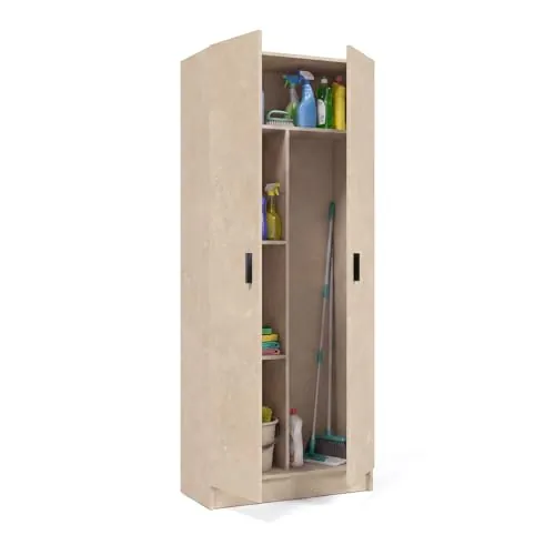 duehome | Armario Multiusos, Escobero, 2 Puertas, Modelo Multi Useful, Acabado en Color Microcemento Beige, Medidas: 73 cm (Ancho) x180 cm (Alto) x 37 cm (Fondo)