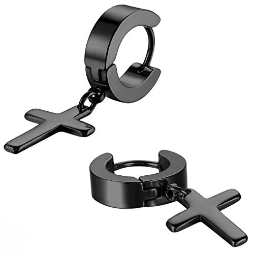 Jewelrywe Pendientes para Hombre Mujer, Pendientes con Colgante de Cruz Semental Aro, Pendientes para Mujer de Acero inoxidable, Color Negro, Regalo para Cumpleaño y Navidad