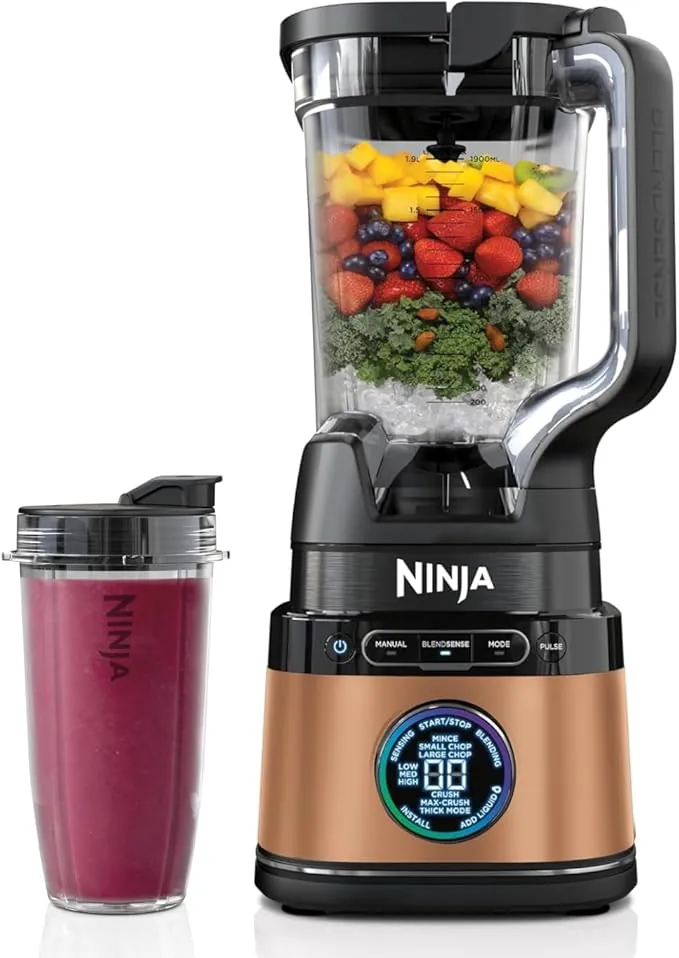 Ninja Detect Power Pro Batidora 2 en 1 (1200W), con jarra de 2 L (capacidad máx. 1900 ml) y 2 vasos, para smoothies, picar verduras y mezclar bebidas congeladas, negro/cobre, TB301EUCP
