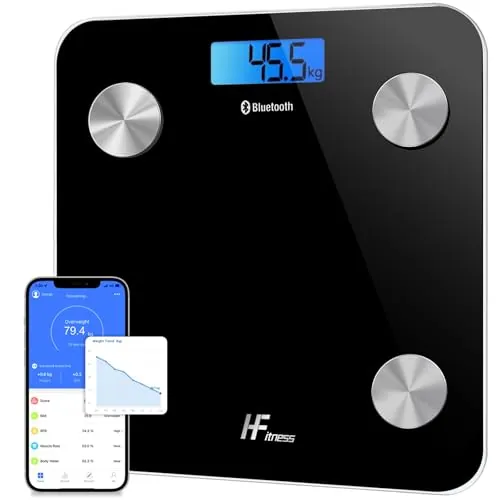 HomeFashion HFitness Báscula de Baño Digital 19 Indicadores de Composición Corporal, 28×28 cm Negra Báscula Inteligente con App, Análisis de Grasa y Masa Muscular, Peso e IMC para Fitness