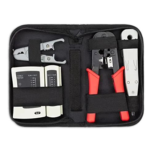 deleyCON 4 Piezas Juego de Herramientas con Estuche Probador de Cable con Pinza LSA Herramienta para Pelar Pinza de Aislamiento Cable para Redes Informáticas LAN Herramienta CAT RJ11 RJ12 RJ45
