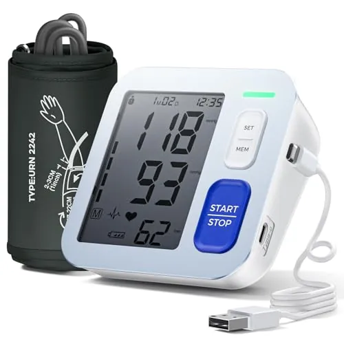 Tensiometro de Brazo Digital, Medidor Tension Arterial Profesional, Aparato Tension Arterial con Pantalla LCD HD, Se Pueden Registrar 2 x 99 Datos de Usuario,Cable de Carga de Batería AA/Tipo-C