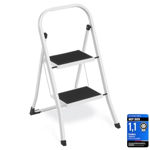 SONGMICS Escalera de Tijera, Escalera con 2 PeldaÑos, PeldaÑo Plegable, Bloqueo de Seguridad, FÁcil de Guardar, Carga hasta 150 kg, Blanco Simple GSL12WT