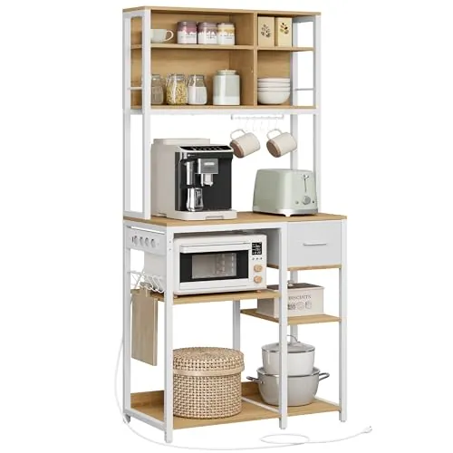 VASAGLE Estantería de Cocina con Multienchufe, Armario de Cocina, 40 x 80 x 180,4 cm, Estante de Microondas, Cajón de Tela, 12 Ganchos, Roble Dorado y Blanco Nube KKS015Y02