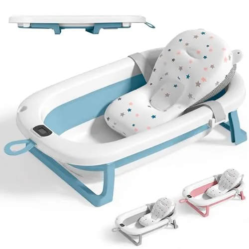 JUPPLIES Bañera Bebé Plegable con Cojín Ergonómico, Termómetro Digital y Patas Antideslizantes | Portátil, Compacta y Segura para Recién Nacido (Azul, Sin patas)