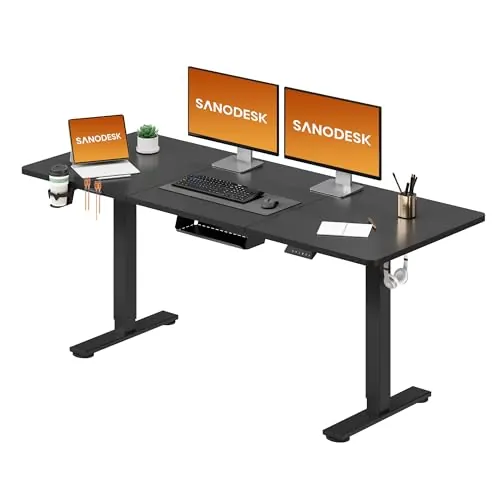 SANODESK 160 x 60 cm Escritorio Elevable Eléctrico con Tablero Escritorio Regulable en Altura Eléctrico Telescópico Bidireccional con Control de Memoria y Tecnología Anticolisión (Negro)
