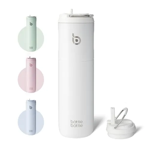 BOTTLE BOTTLE Botella de agua de acero inoxidable de 700 ml con popote y tapa, botellas de agua deportivas aisladas de metal con asa (blanco)
