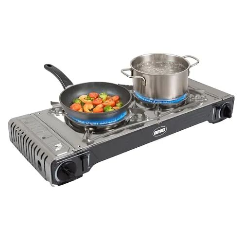 Amig - Hornillo Camping Gas | Cocina Portatil | 2X Quemadores | Incluye Plancha - Parrilla De Fundicion | Acero Inoxidable | 2,2 Kw Potencia x 2