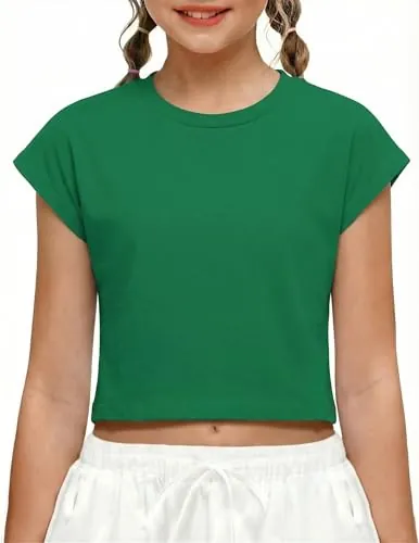 Arshiner Camisetas Verde para Niña Cortas Deportivas de Verano para Niños Camiseta de Liso Casuales Básicas Moda Camiseta para Niñas Ropa Infantil 7-8 Años