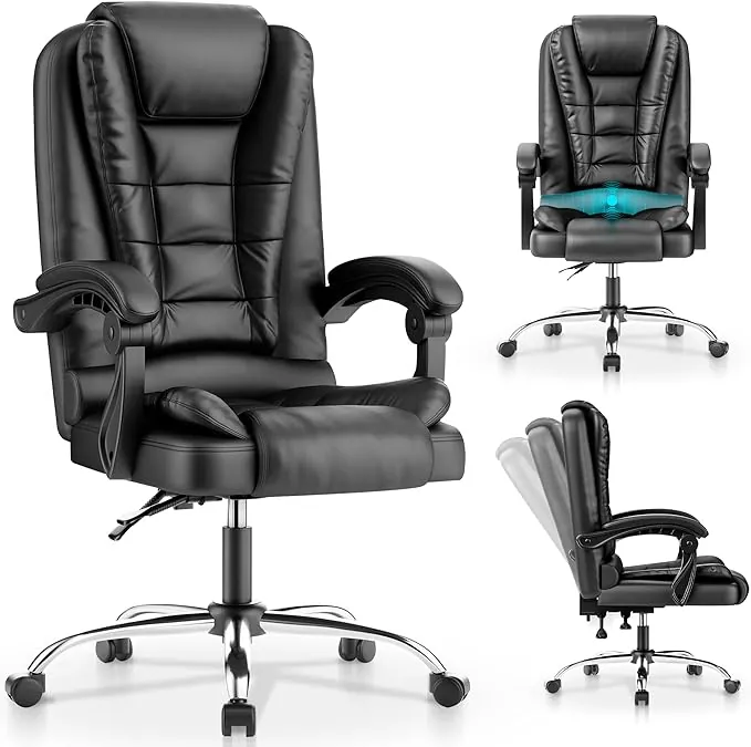 JUPPLIES Silla de Oficina Reclinable con Cojín Lumbar Masajeador – Sillón con Altura Ajustable y Ruedas Silenciosas, Respaldo Alto de PU Acolchado para Escritorio, Estudio o Trabajo (Negro)