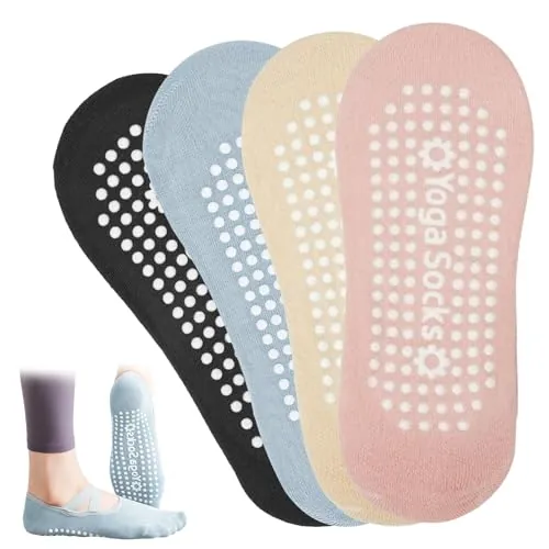 4 Pares Comodos Calcetines Yoga Pilates Para Mujeres y Hombres Antideslizantes Calcetines Artes Calcetín Marciales Tobillero Deportivo Con Puntos Antideslizantes para Yoga Fitness Ballet, EUR 36-39