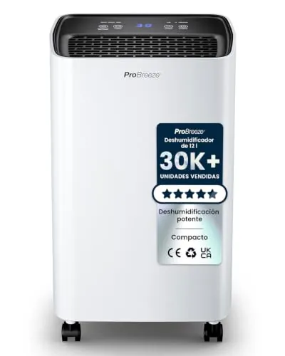 Pro Breeze Deshumidificador con compresor 12L y depósito de agua 2L, secado de ropa y sensor de humedad - Deshumidificador portátil temporizador 24H humedad, moho y condensación. Habitaciones (20m²)