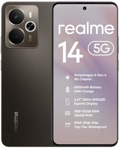 realme 14 5G Smartphone 8GB RAM + 256GB ROM, Teléfono Móvil Snapdragon 6 Gen 4 y 120Hz AMOLED Pantalla, 6000mAh Batería y Carga Rápida de 45W, IP69 Resistencia, GT Boost, 50MP OIS AI Cámara, Titanio