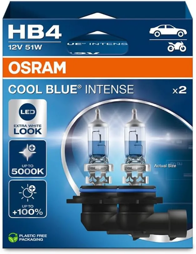 OSRAM COOL BLUE INTENSE HB4, +100% más de brillo, hasta 5.000K, lámpara de faro halógena, aspecto LED, caja plegable colgante (2 lámparas)