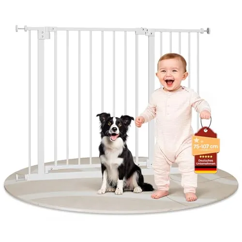 WOLTU Barrera Seguridad Infantil, Apertura de 75-107 cm, Barrera para Niños y Bebé, Barandilla Escalera Seguridad, Valla Metálica para Perros, Doble Bloqueo, Blanco