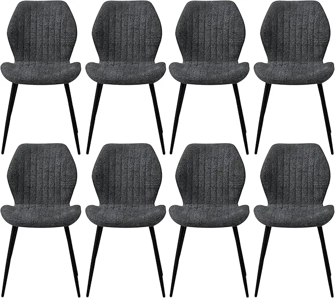 Juego de 8 Silla de Comedor, Silla de Cocina de Lino, con Patas de Metal Negro, Cojín de Tela Relleno de Esponja de Rebote de Alta Densidad, Adecuada para Comedor, Cocina - Negro