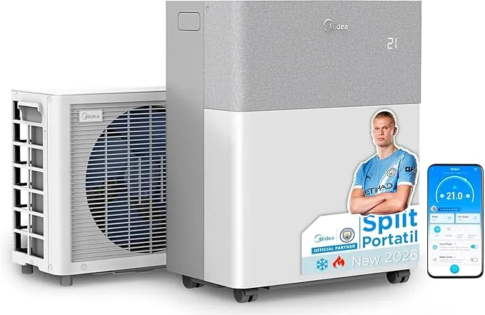 Midea Portasplit Aire Acondicionado Portatil 4 en 1 | 3000 frigorías / 12000 BTU | Pinguino Split de Bajo Consumo con modo Silence | Deshumidificador, Calefactor, Ventilador y Climatizador hasta 45 m2