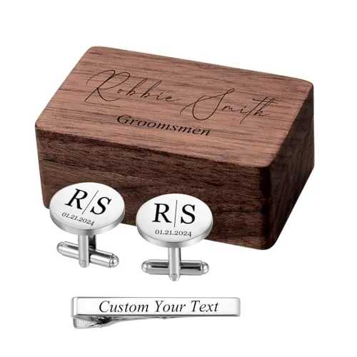 MeMeDIY Gemelos Personalizados Conjunto de Alfiler de Corbata con Caja de Nogal Grabada Personalizados Fecha/Nombre Gemelos de Boda Gemelos para Camisa para Hombres/Papá/Novio C1