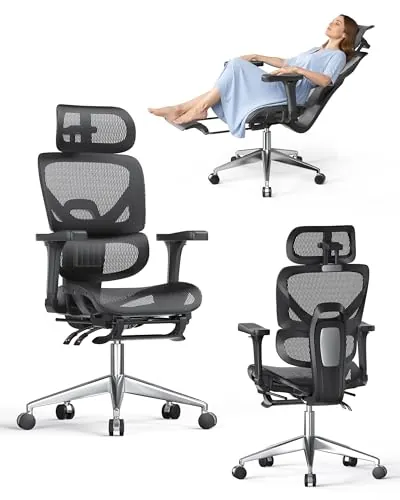 naspaluro Silla Ergonomica Escritorio con Reposapies, Load 160 kg, Negro | Malla transpirable, high back silla oficina, reposabrazos 3D, reposacabezas 3D, respaldo ajustable, inclinación 135 grados