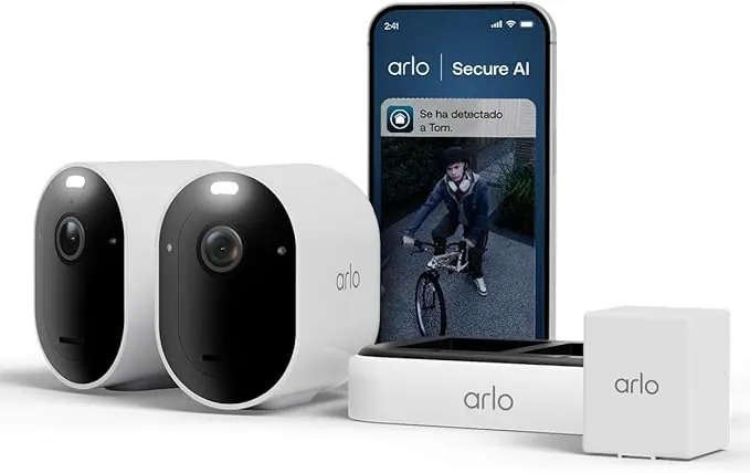 Arlo Pro 6, Cámara de Vigilancia Exterior WiFi 2K+ HDR, Reconocimiento de IA, Visión Nocturna Color, Funciona con Alexa, Prueba Arlo Secure incluida, 2 Cámaras + 1 Batería Adicional y Cargador Doble