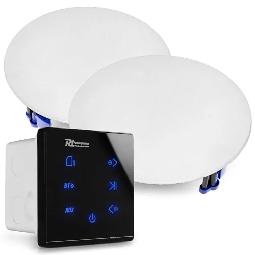 Power Dynamics Powerline A50BSET Kit Amplificador 2 x 20 W con Altavoces de Techo, Receptor inalámbrico Bluetooth, USB y Micro SD, Pantalla táctil, Incluye Mando a Distancia