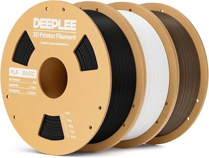 DEEPLEE PLA Basic 1.75 mm, Kit 3 Bobinas Negro, Blanco y Marrón (3 kg). Precisión ±0.02 mm. Bobina Perfecta Sin Atascos. Ideal para Principiantes. Compatible con Impresoras FDM.