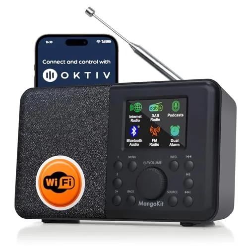 Mangokit SR10 Internet Radio con WiFi, Dab+ Radio Digital,Reproductor de podcasts,FM,Altavoz Bluetooth,de Cocina Dab,batería,Pantalla de Color,alarmas duales-Negras