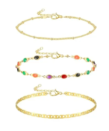 KRFY Tobilleras para Mujer Tobillera de Acero Inoxidable Chapada en Oro de 14 quilates Tenis Espiga Cadena de Eslabones Cubanos Juego de Tobilleras Joyería Ajustable para Pies de Playa Boho