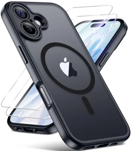 FLLAO Funda para iPhone 17, Compatible MagSafe, con 2 Piezas Protector de Pantalla Cristal Templado, [Protección de Cámara] Magnética Carcasa Translúcida Mate Trasera Fina Antigolpes, Negro