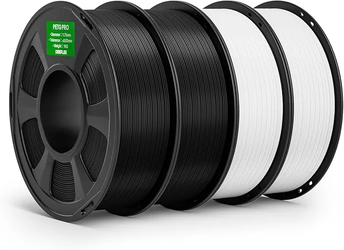 DEEPLEE PETG Pro 1.75 mm, Kit 4 Bobinas 2 Negro + 2 Blanco (4 kg). Resistencia UV e Intemperie. Transmisión de Luz Superior. Sin Obstrucciones ni Hilos. Compatible con la mayoría de impresoras FDM.
