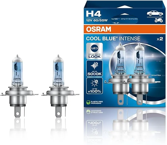 OSRAM COOL BLUE INTENSE H4, +100% más de brillo, hasta 5.000K, lámpara de faro halógena, aspecto LED, caja plegable colgante (2 lámparas)