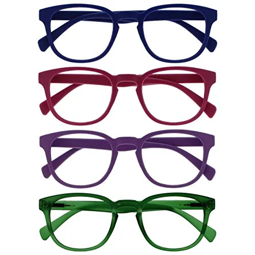 OPULIZE Pop Gafas de Lectura Pack de 4 Redondas Azul, Rosa Fucsia, Violeta y Verde Musgo Mate Satinado Bisagras con Muelle Resistentes a los Arañazos Hombre Mujer RRRR2-3456 +2.50
