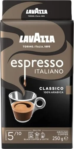Lavazza, Espresso Italiano Classico, Café Molido Natural, para Cafetera Italiana, de Filtro y Francesa, con Notas Aromáticas de Caramelo y Chocolate, 100% Arábica, Intensidad 5, Tueste Medio, 250 g
